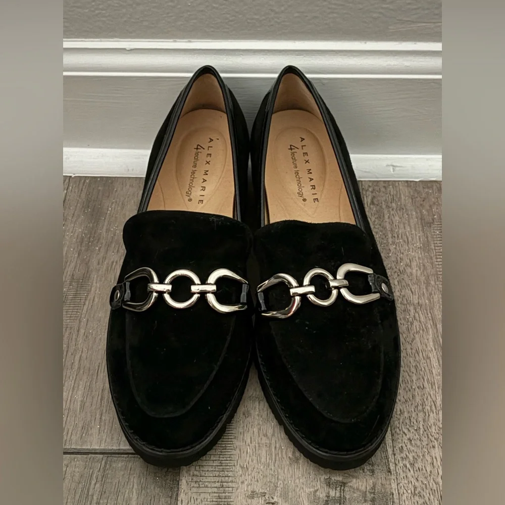 Alex Marie Black Loafers with Silver Chain Detail - Picture 1 of 5